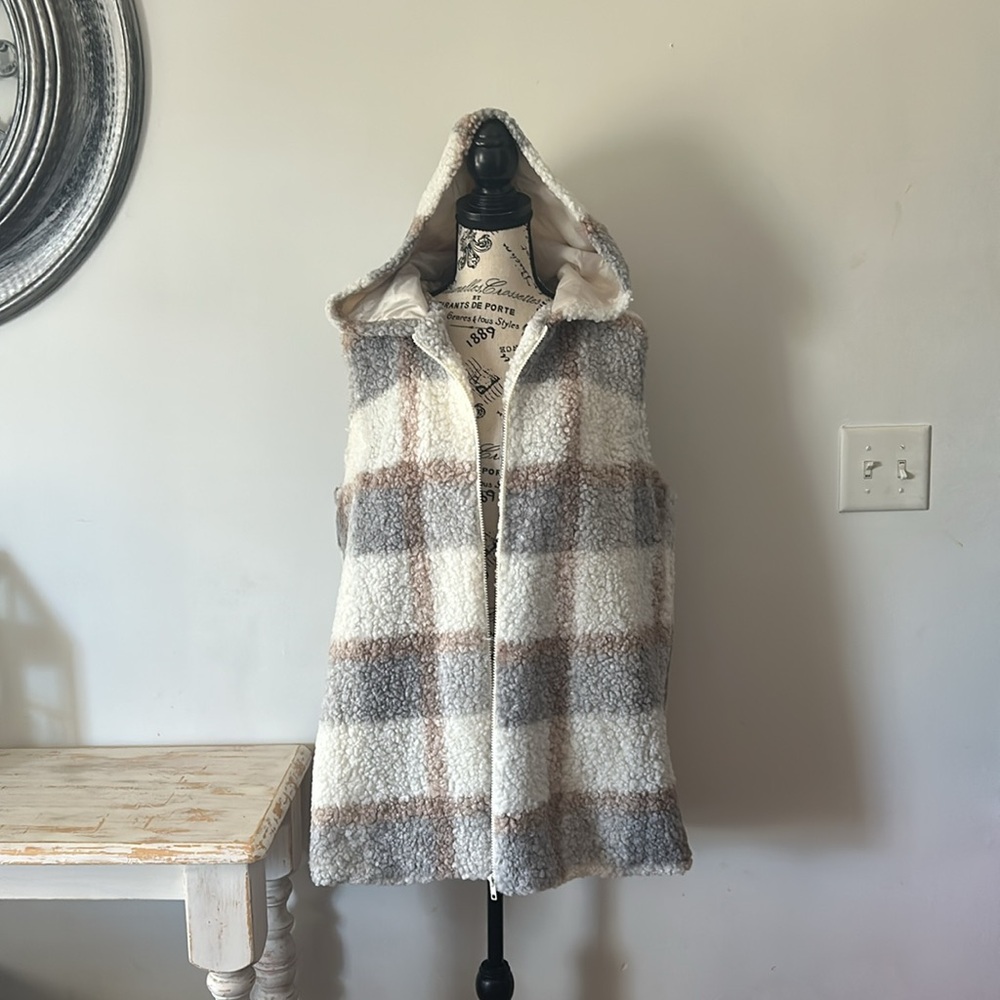 Shein Sherpa Plaid Zip Up Hooded Vest Women's size 1X